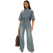 Slim-fit Stretch Washed Denim Jumpsuit