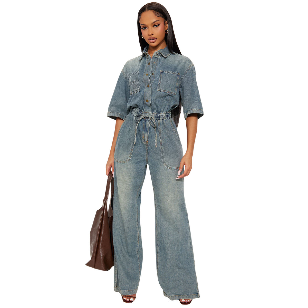 Slim-fit Stretch Washed Denim Jumpsuit