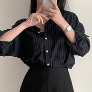 Retro Simple Striped Lapel Long Sleeve Shirt