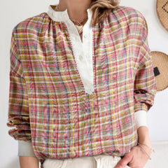 Colorblock Plaid Patchwork Henley Blouse