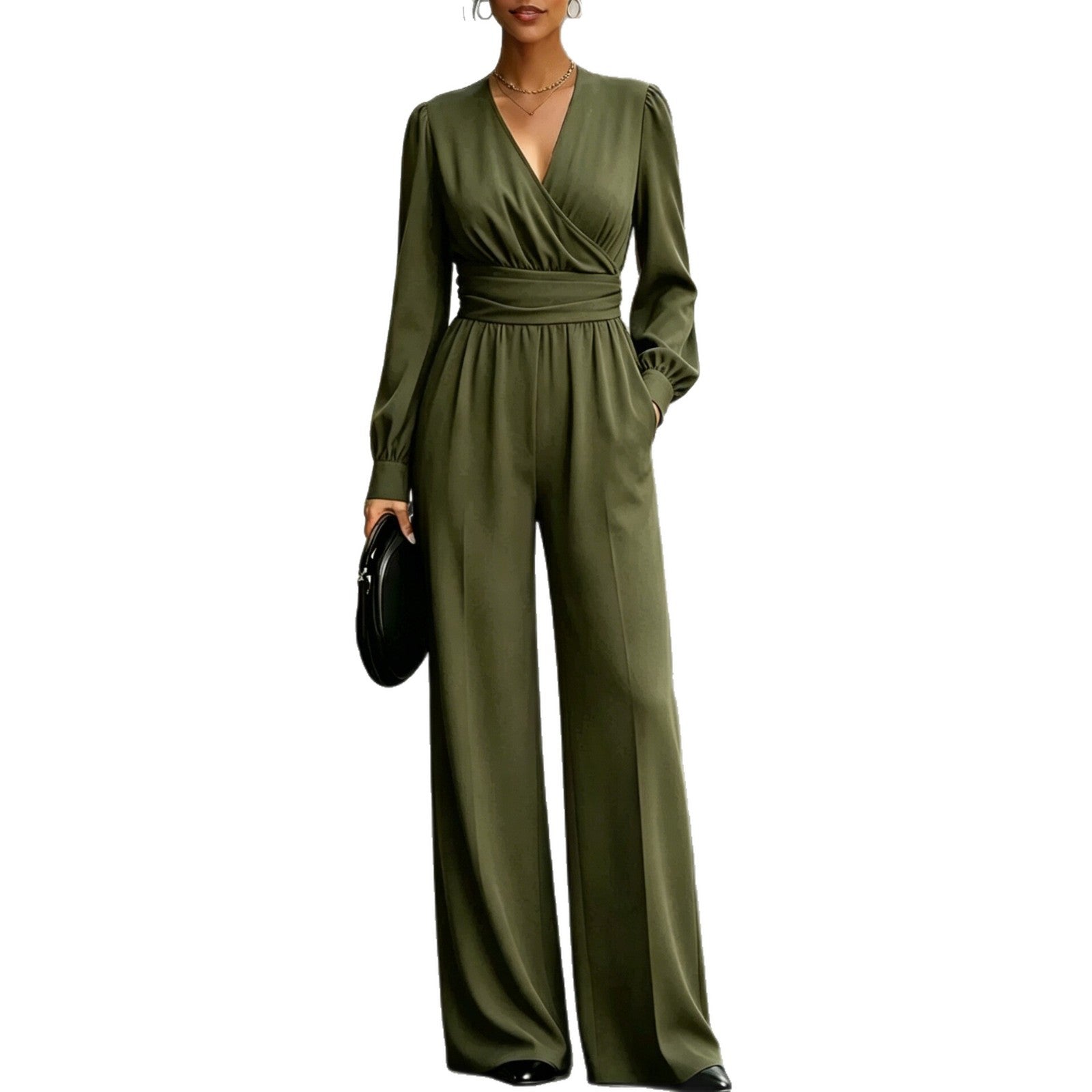 Elegant Long-Sleeve V-Neck Jumpsuit with Fitted Waist