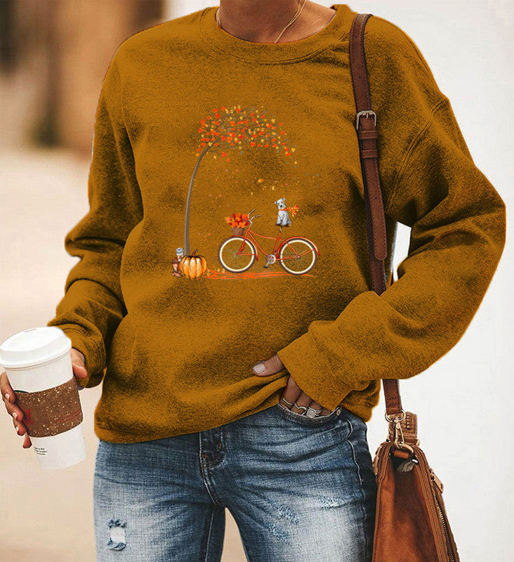 Women's Bicycle Print Fleece Long Sleeve Crew Neck Sweater