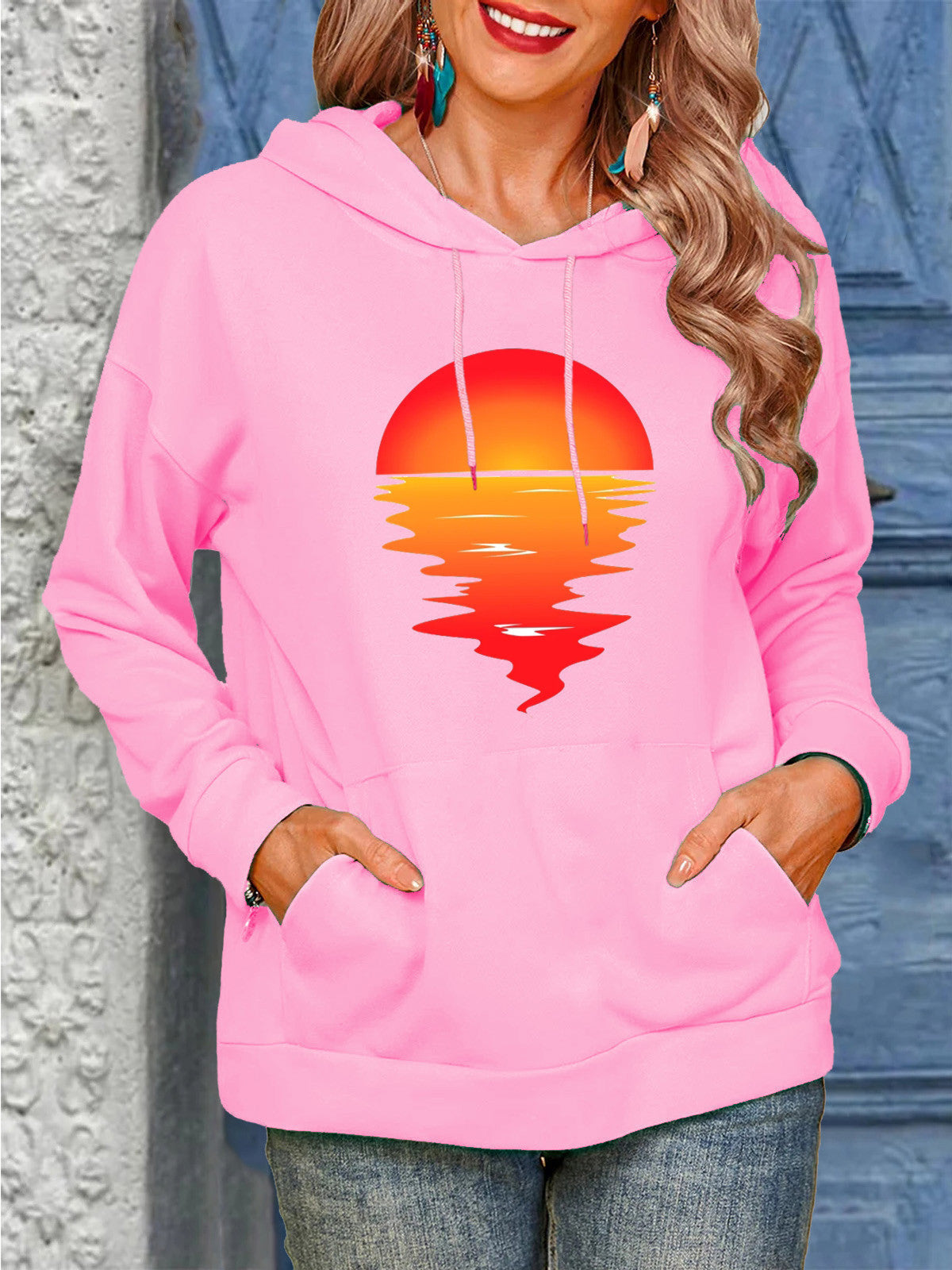 Women's Sun Print Drawstring Casual Hoodie