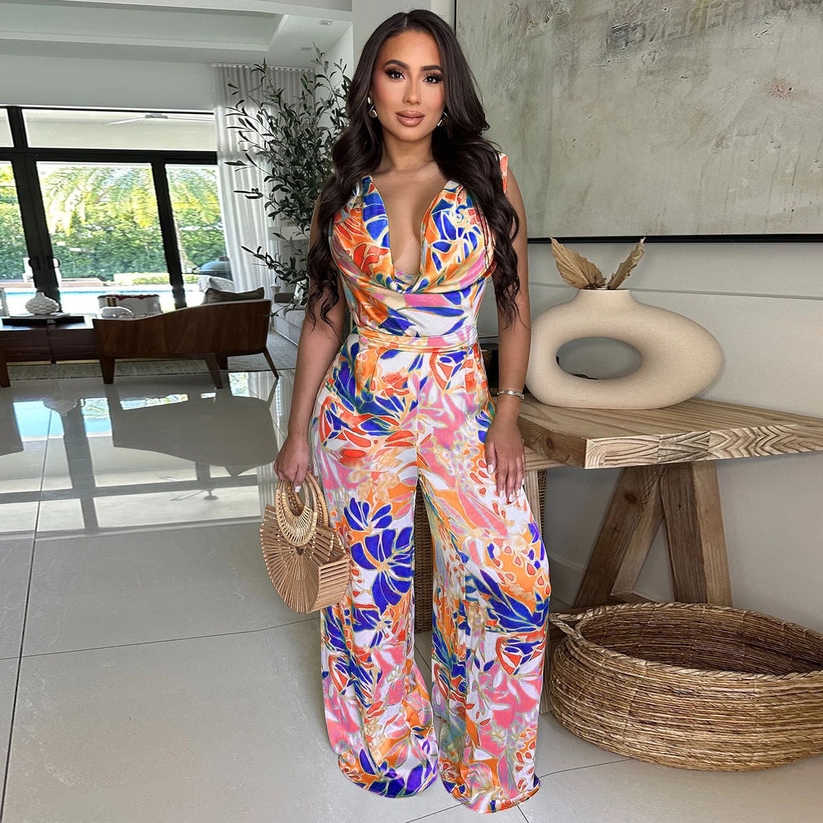 Women's Sleeveless Lace-up Wide-leg Printed Jumpsuit