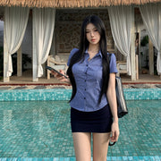 Slimming Short-Style Plaid Waist-Cinching Short-Sleeve Shirt For Women