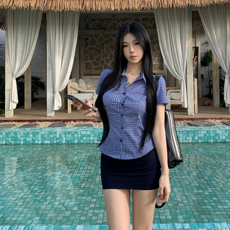 Slimming Short-Style Plaid Waist-Cinching Short-Sleeve Shirt For Women