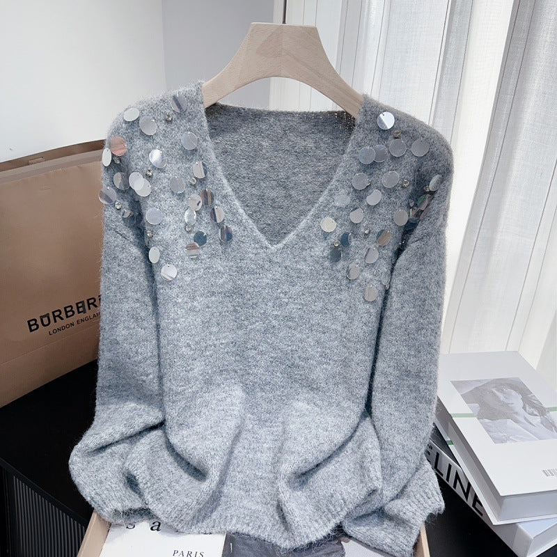 Heavy Embroidery Sequins Diamond V Neck Pullover Lazy Sweater
