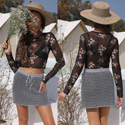 Flirty Sheer Mesh Long Sleeve Top – Floral Print