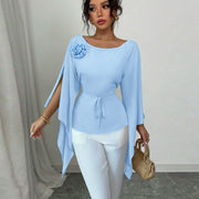 Elegant Waist-Cinching Blue Split Shirt – Long‑Sleeve Style for Women