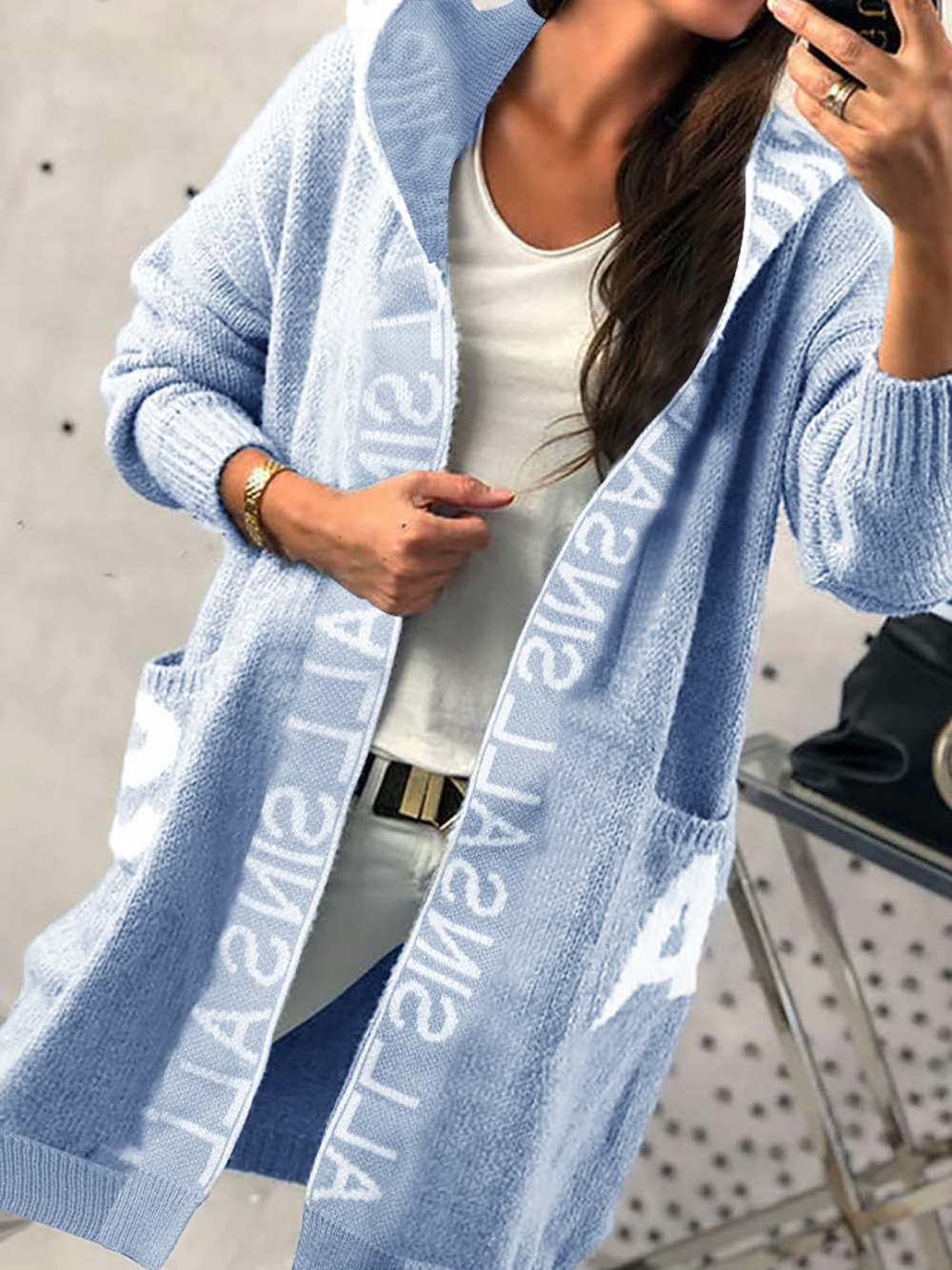 Women Hooded Letter Print Long Knit Cardigan Open Front Oversized Lantern Sleeve Pocket Sweater Coat