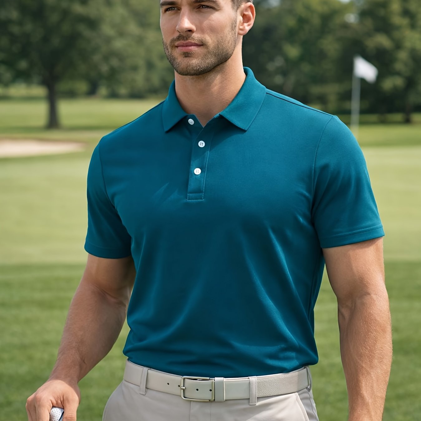 Men's Short Sleeve Button-Up Collar Polo Shirt in Polyester