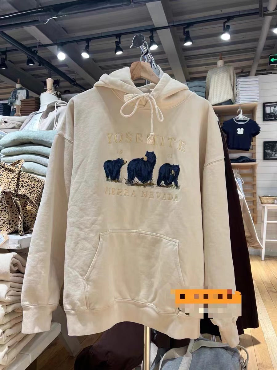 Cozy Bear Embroidered Beige Velvet Hoodie