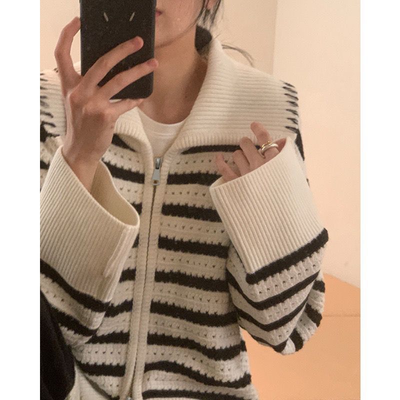 Chic Striped Knit Cardigan Sweater