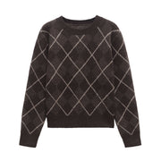 Womens Winter Crew-neck Coffee-colored Diamond-plaid Textured Long-sleeve Sweater