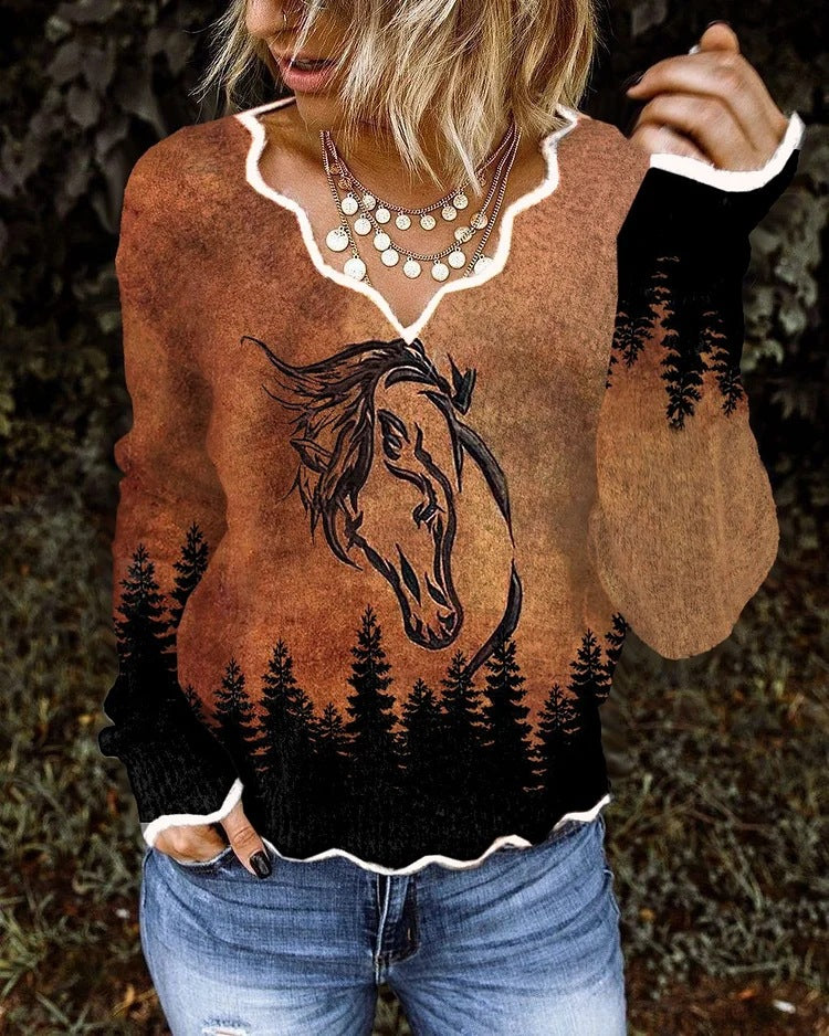 Wave Neckline 3D Printed Animal Pocket Pullover