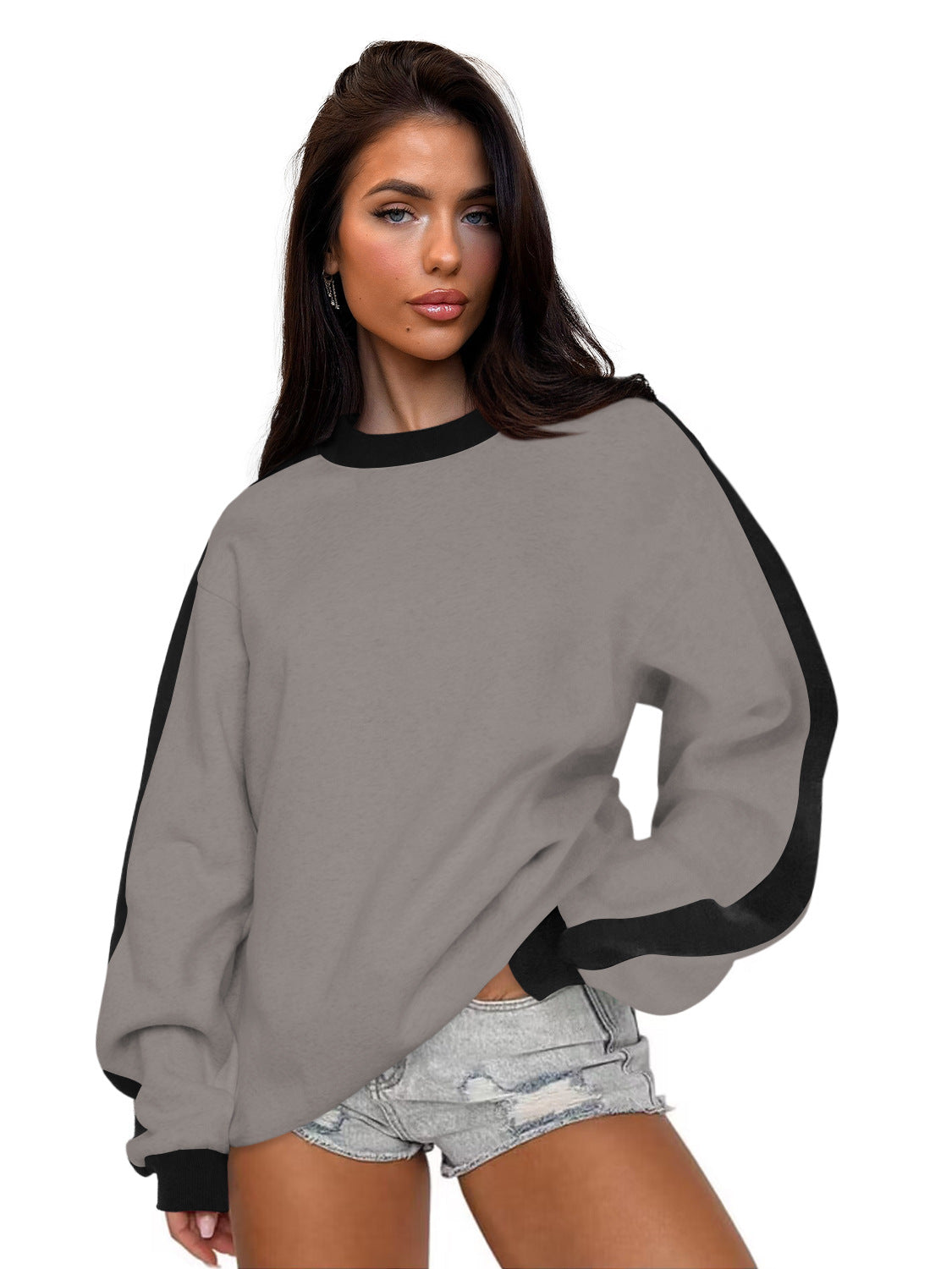 Women's Contrast Color Loose Round Neck Long-Sleeve Sweater