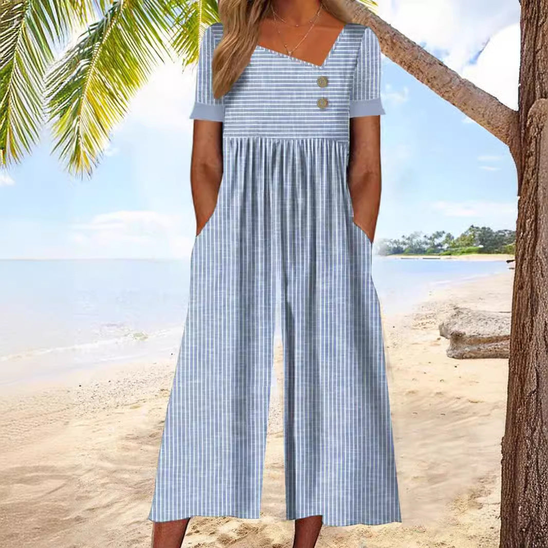 Women's Fashion Temperament Square Collar Printed Jumpsuit