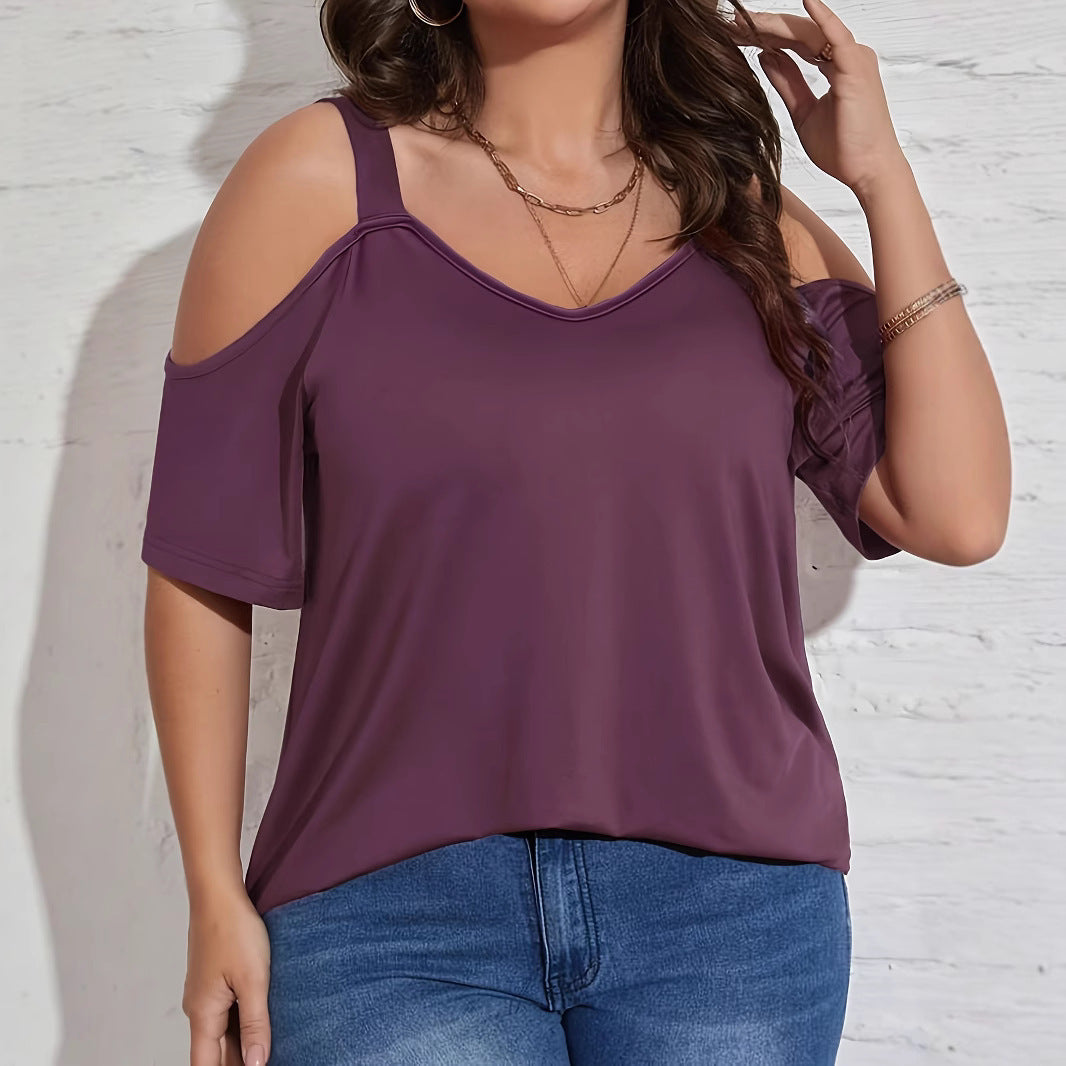 Off-Shoulder Short-Sleeve T-Shirt – Cozy, Stylish, Purple & Black