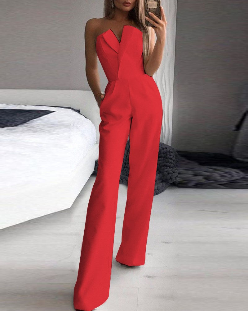 Women's Elegant Mid-Waist Straight-Leg Commuter Jumpsuit
