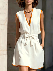 Sleeveless V-neck Waist-cinching Lace-up Dress for Women