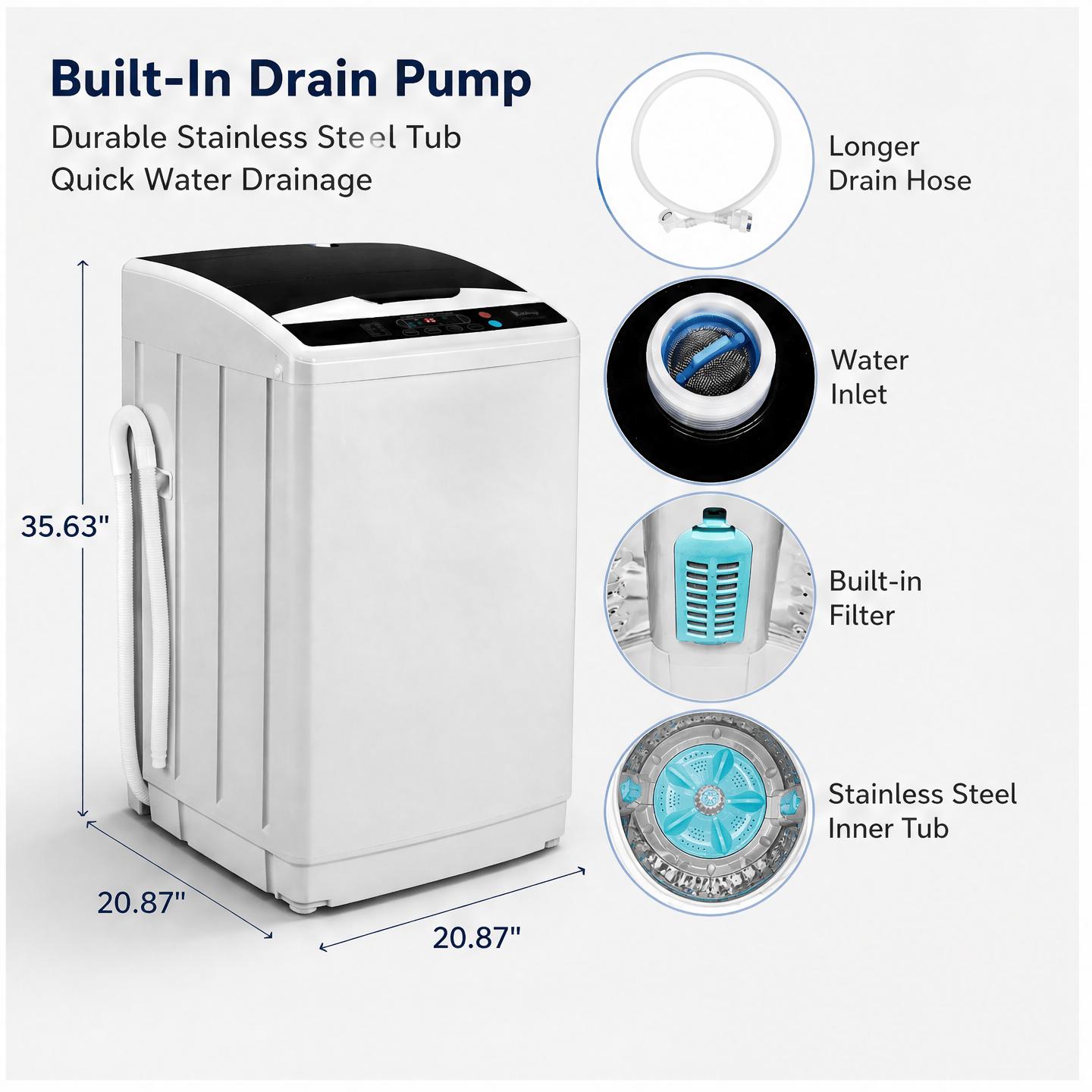 Full Automatic 2-in-1 Top-Load Portable Washing Machine & Dryer Combo, 15.6‑25 lb Capacity, 10 Wash Programs, 8 Water Levels, Includes Drain Pump