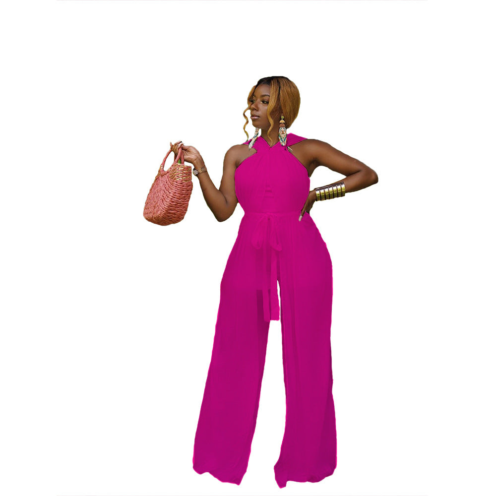 Women's Mesh Lace-Up Wide-Leg Jumpsuit