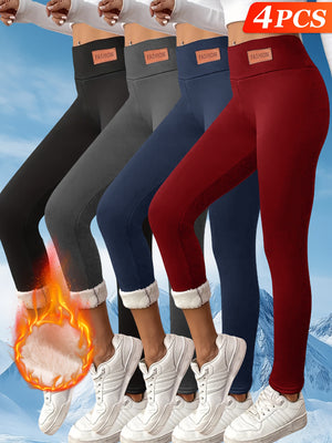 Four Pairs Of Women's Winter Thermal Long Pants, High-elasticity 4-color Corset Pants with Fashion Labels, Black, Red, Gray, Blue, High-waist Design, Effectively Tuck In The Abdomen, Suitable for D...