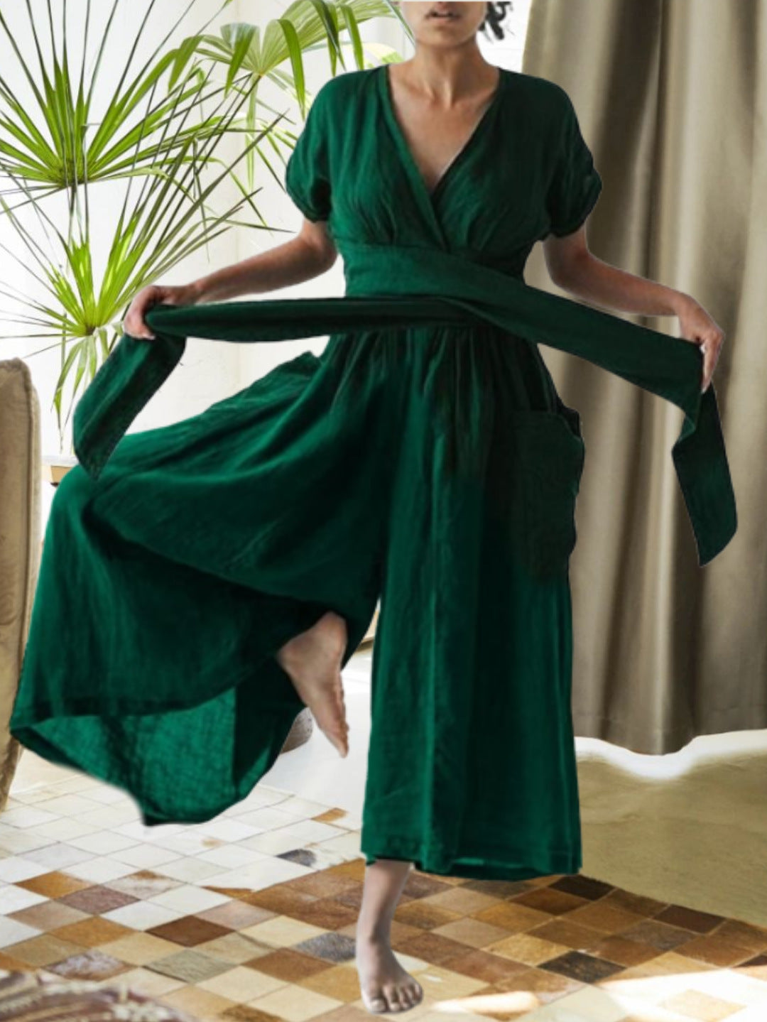 V-Neck Solid Loose Casual Wide Leg Jumpsuit