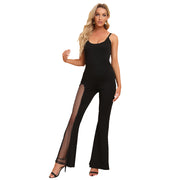Womens Spaghetti-Strap Patchwork Sheer Solid-Color Bodycon Jumpsuit