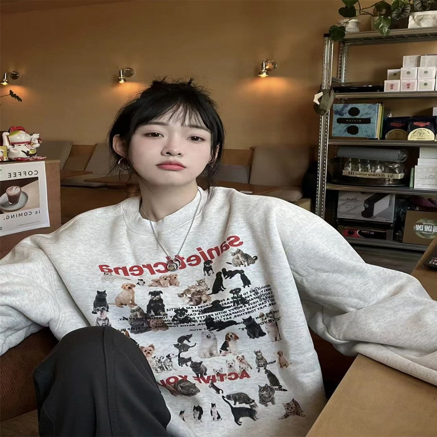 Retro Cartoon Cat Puppy Gray Cotton Crewneck Sweater