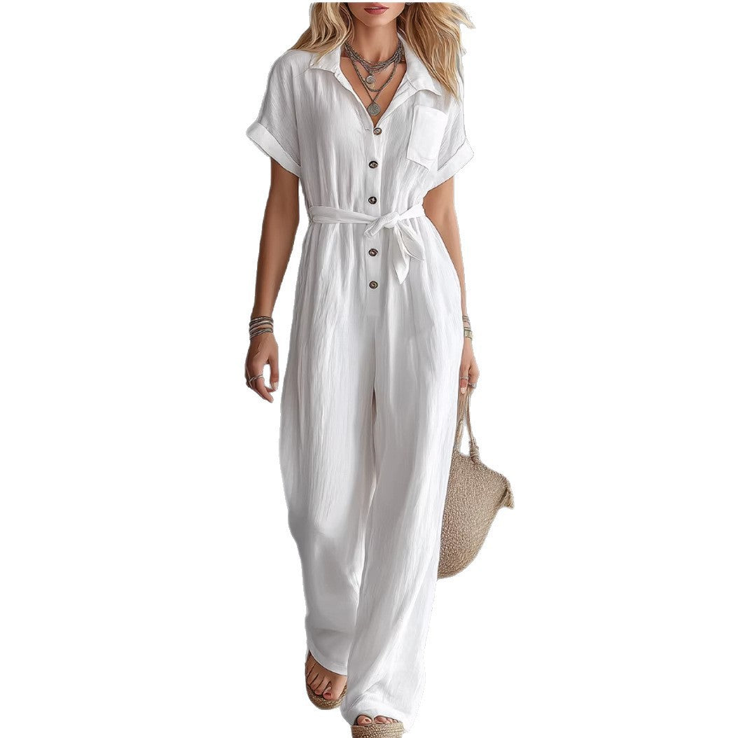Womens Casual V-Neck Lace-Up Jumpsuit With Pockets