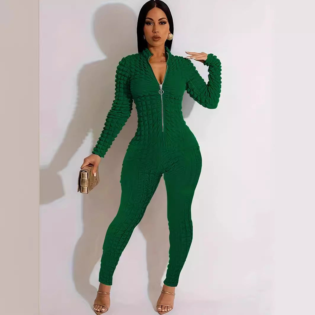 Solid Color Casual Popcorn Seersucker Zipper Jumpsuit