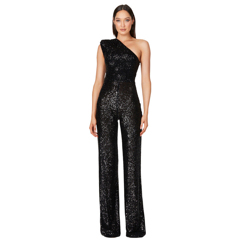 Glamorous One-Shoulder Sequined Wide-Leg Jumpsuit