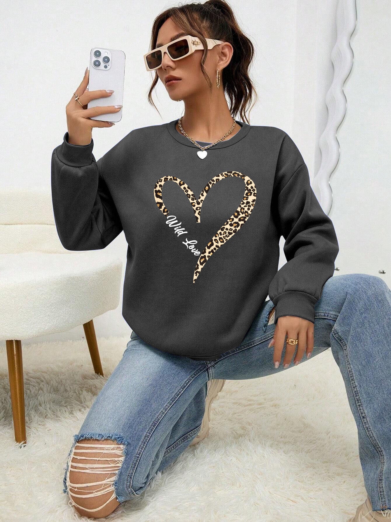 Leopard Wild Heart Print Sweatshirt Set