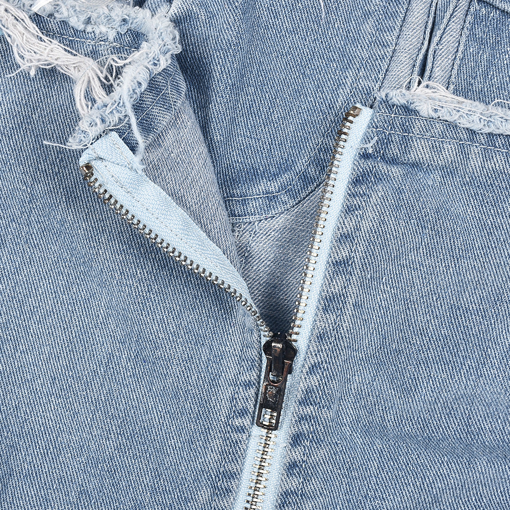 Women's V-Neck Denim With Hole Zip Pocket Jumpsuit