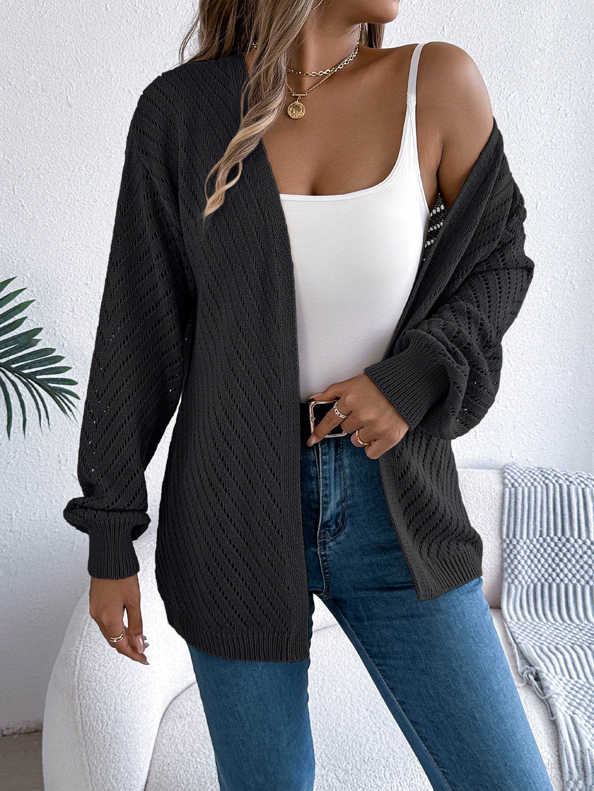 Women Casual Solid Color Hollow Out Long Sleeve Cardigan Sweater
