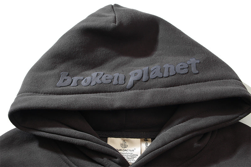 Broken Planet Puff Print Loose Fleece Casual Hooded Sweatshirt