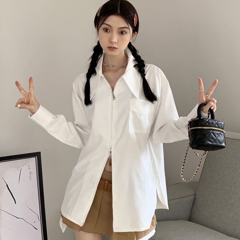 Womens French-zip White Long-sleeve Shirt Top