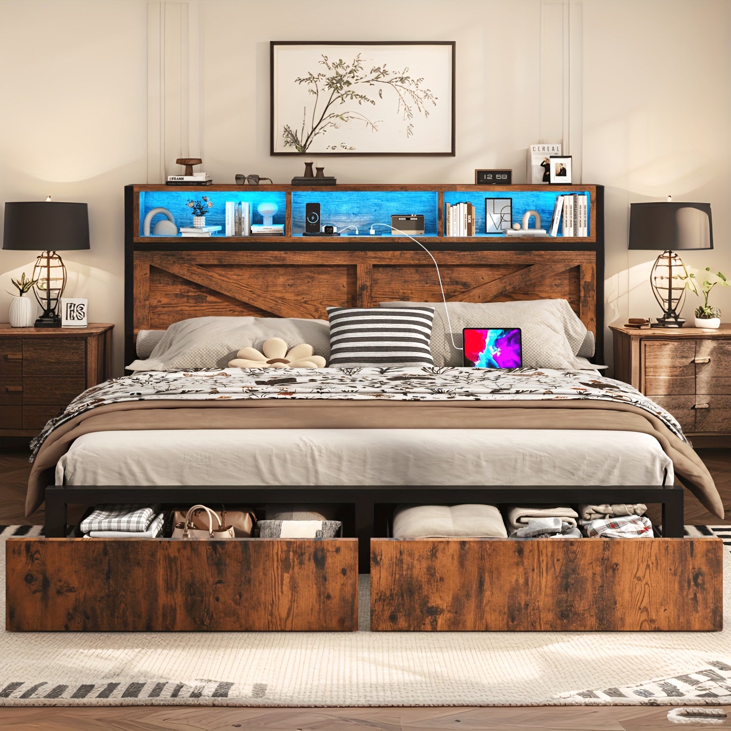 Farmhouse Storage Bed Frame with Headboard Drawers, Built‑in LED Light and USB Charging Outlet