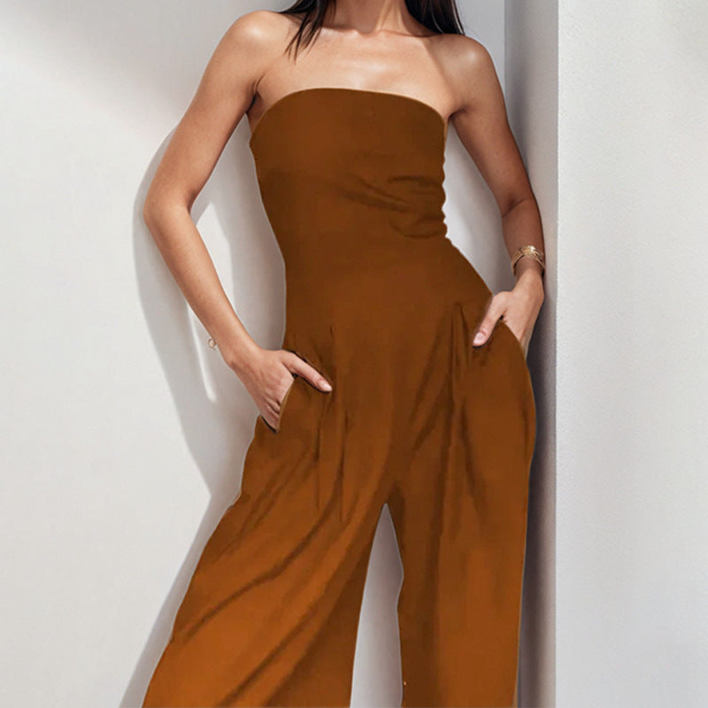 Elegant High-Waist Solid-Color Tube Top Jumpsuit For Women