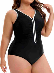 Plus Size Backless V-Neck Striped One-Piece Swimsuit