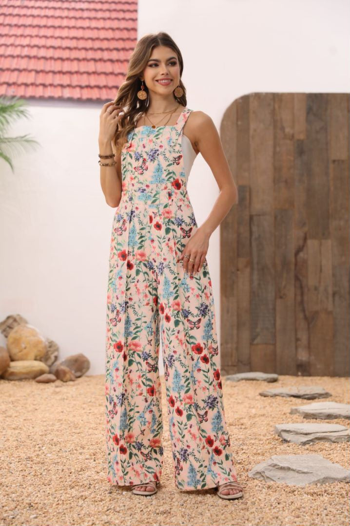 Floral Print Button Wide Leg Jumpsuit