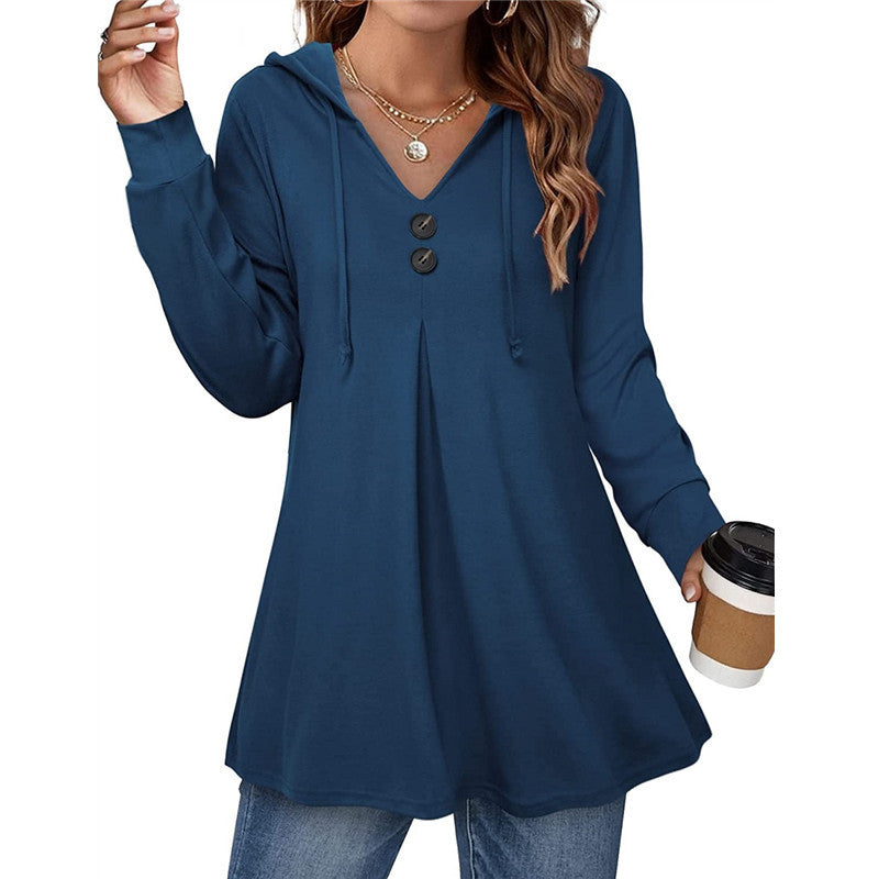 Women's V-Neck Long Sleeve Casual Hooded Pullover Sweater
