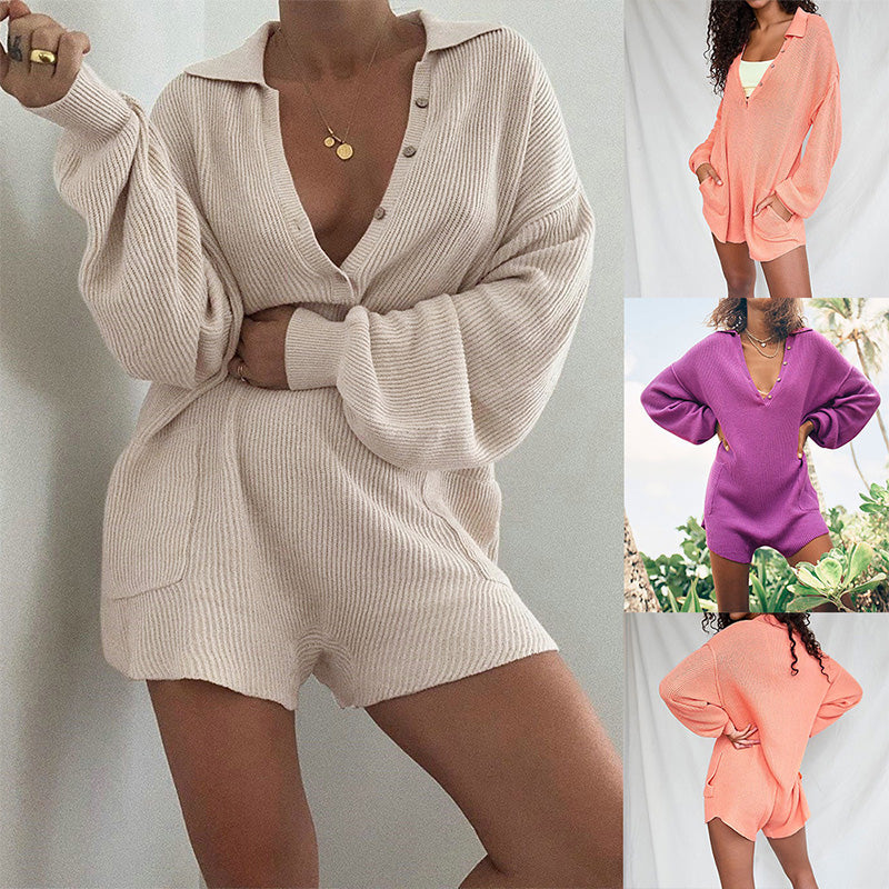 Casual Long Sleeve Pocket Romper Lounge Jumpsuit
