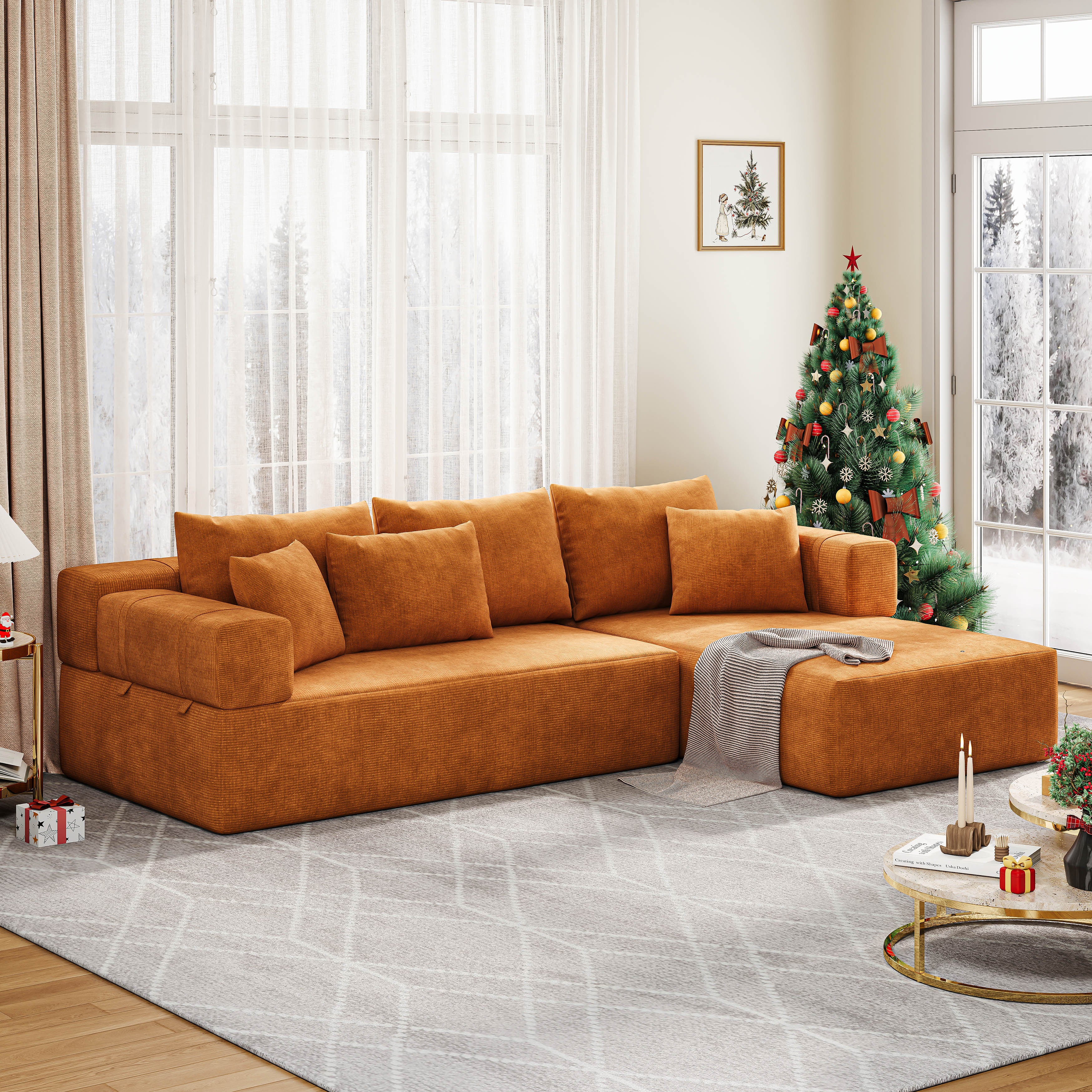 106 inch modular L-shaped sectional sofa with deep seat and throw pillows