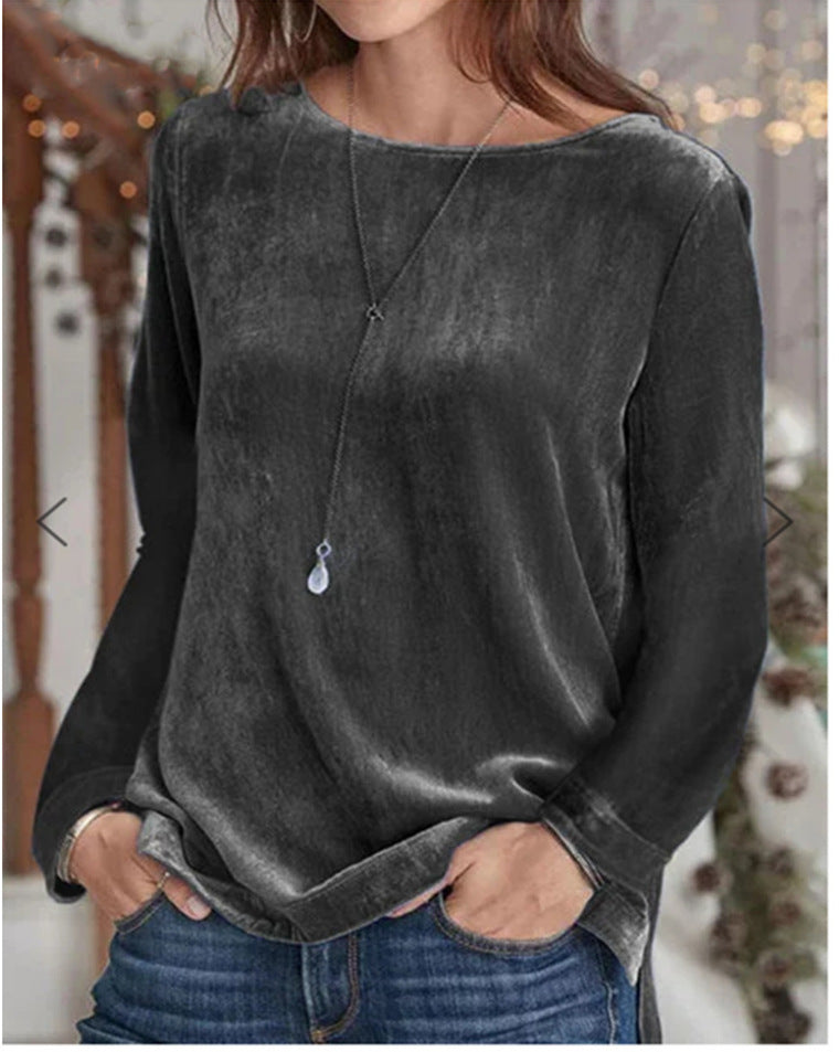 Cozy Solid Velvet Long Sleeve Pullover Sweater