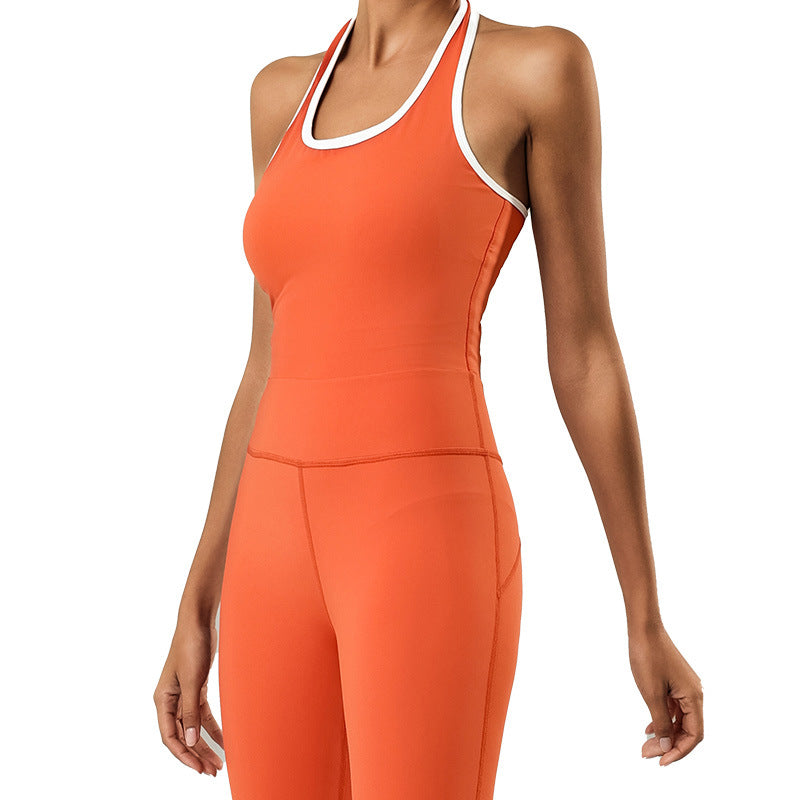 Color-Block Halter Yoga Jumpsuit with Chest Pad