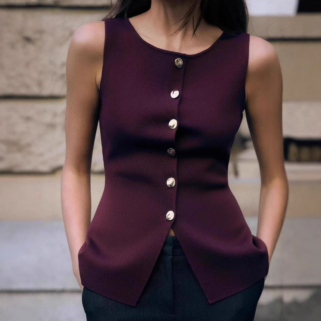 Elegant Gold-Button Viscose Vest – Slim Fit, Medium Warmth