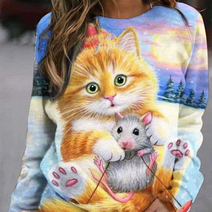 Women's Cute Cat Print Long Sleeve Round Neck Jumper