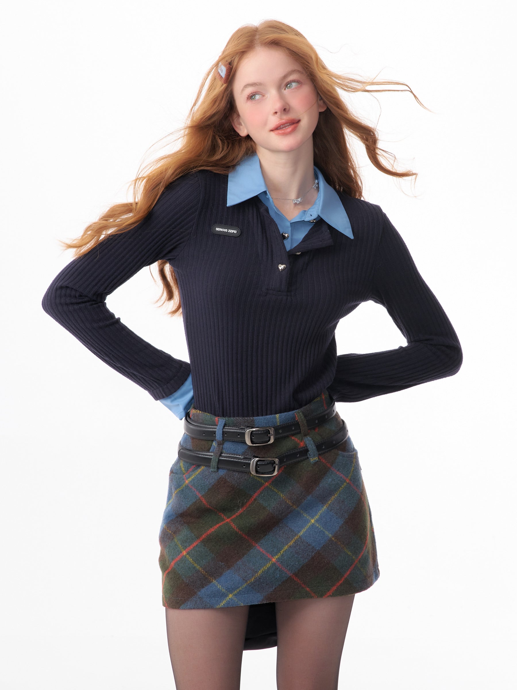 Retro Fake Two-Piece Bell Sleeve Polo Top